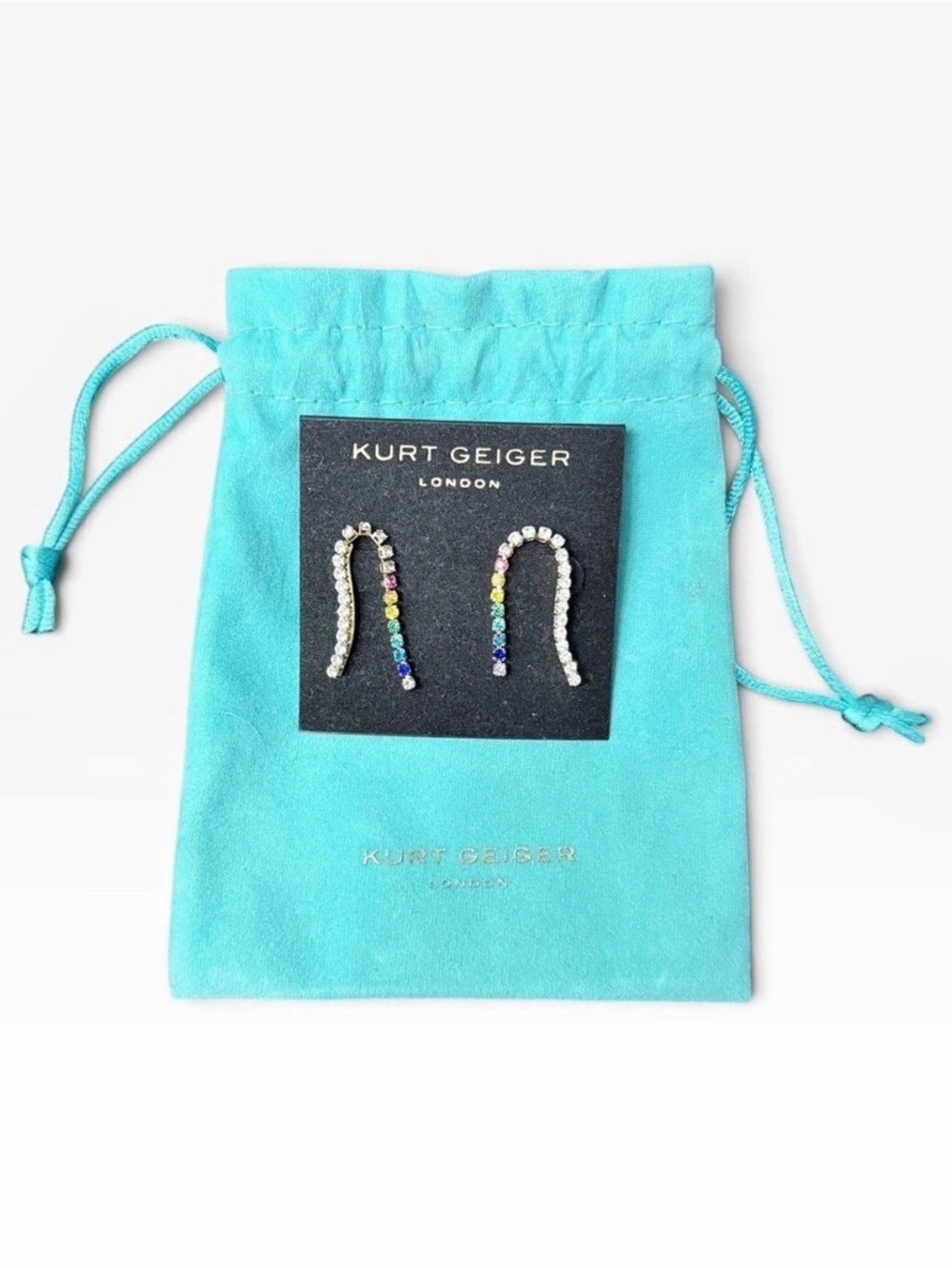 Kurt Geiger RARE Linear Rainbow Curved Crystal Earrings Drop Earrings
